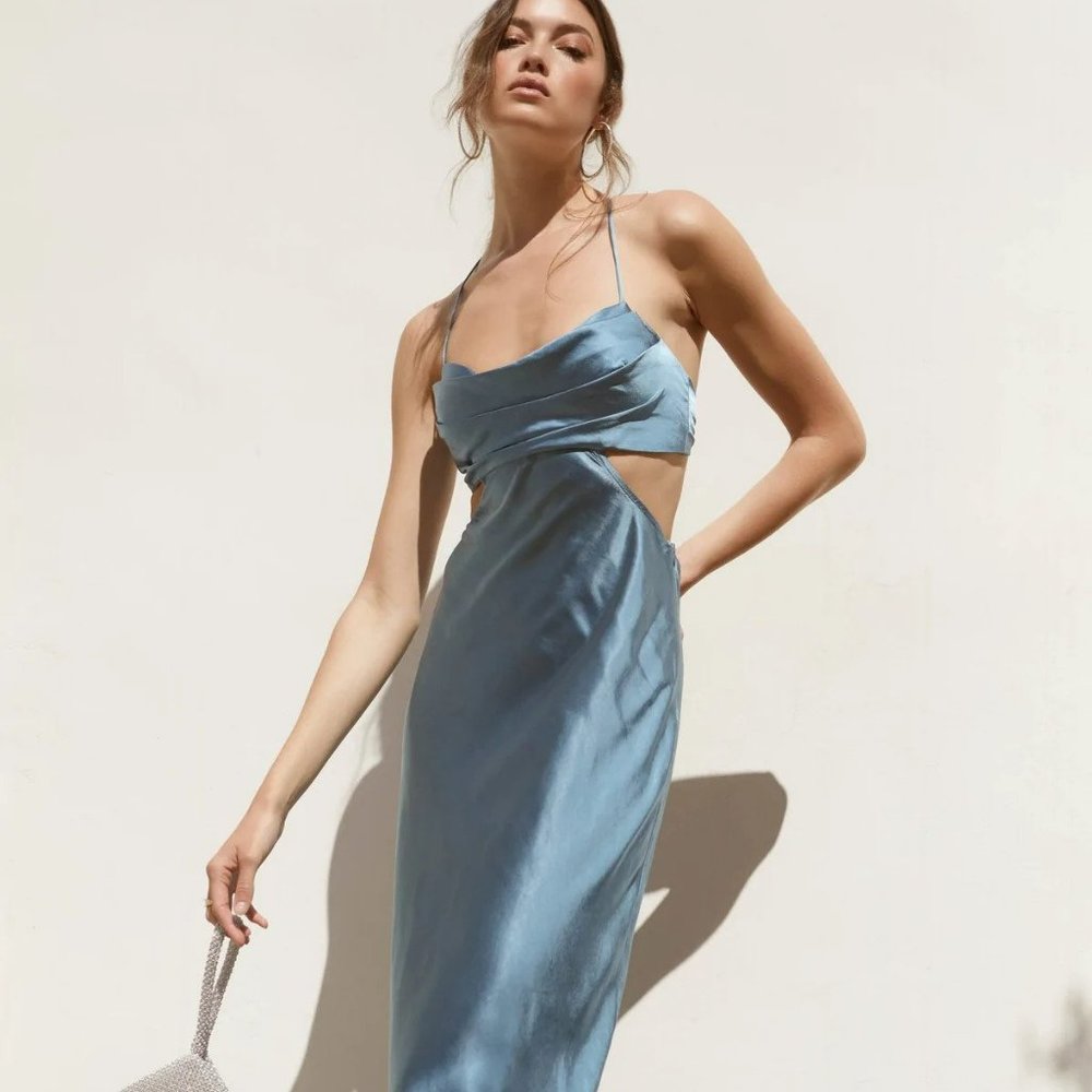 Astr The Label - Collette Satin Cutout Midi Dress - Color: Slate Blue - Picture 4 of 14